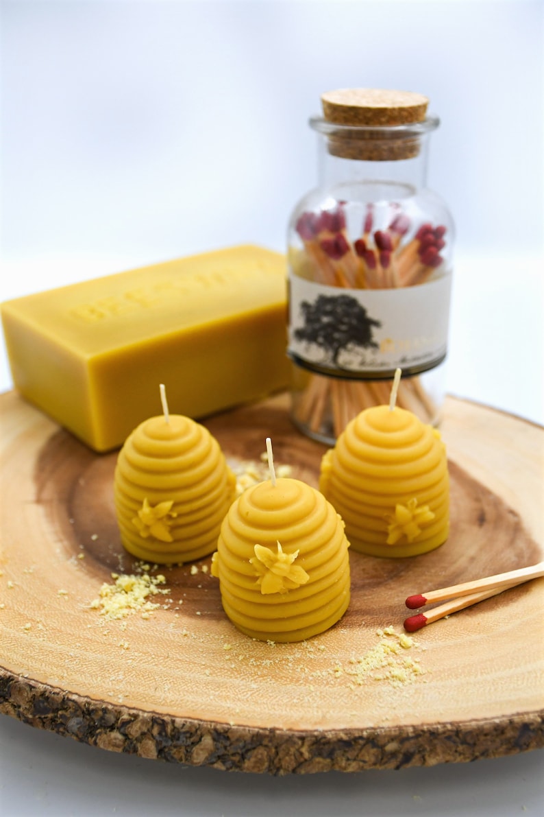 Set of 3 Natural Beeswax Hand-poured Skep Hive Candles image 1