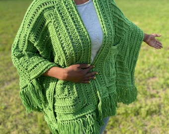 Boho Fringe Crochet Shawl Wrap – Soft Cozy Triangle Scarf, Lightweight Women’s Cape – Fall Winter Fashion Accessories, Handmade Green