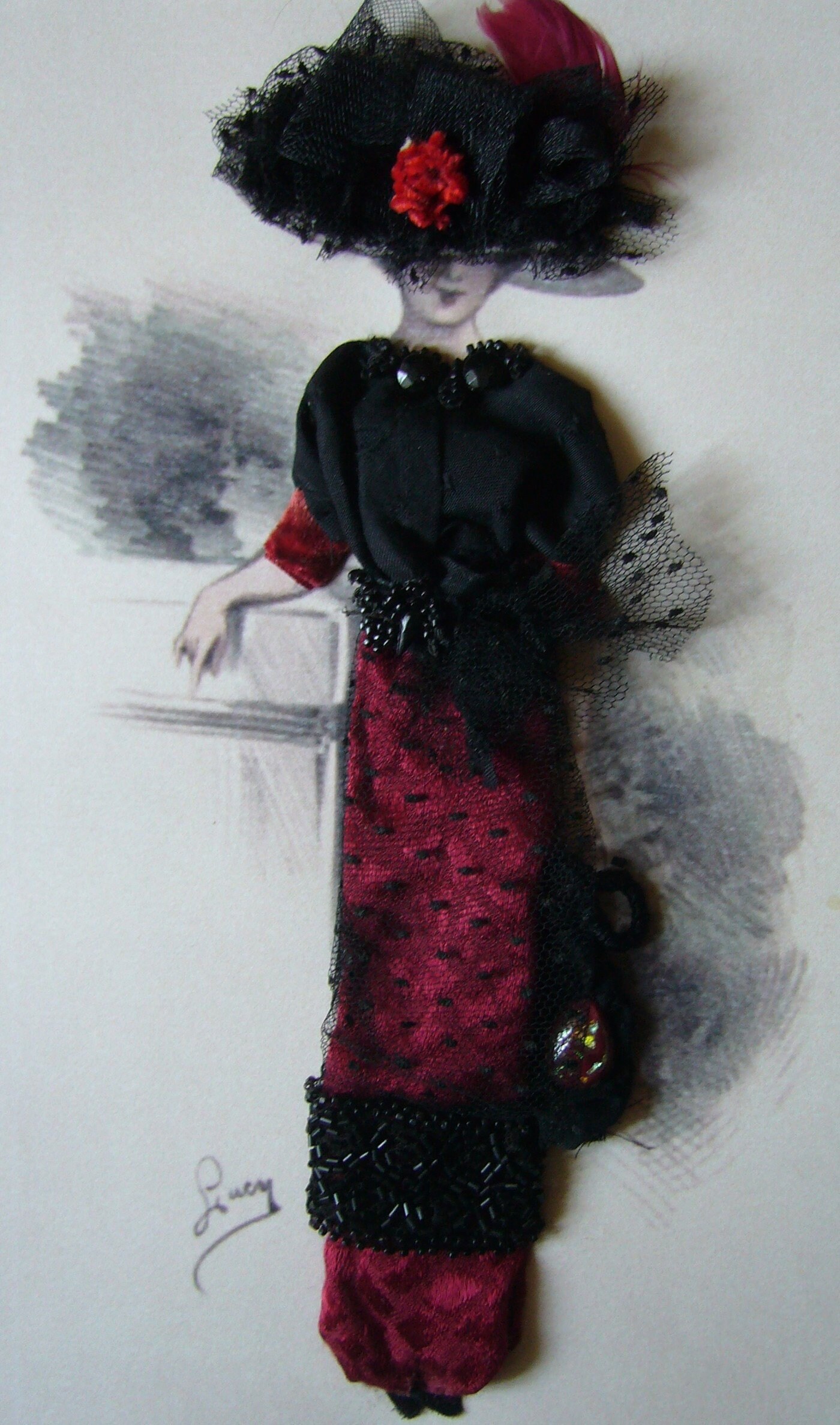 Gravure de Mode Dentelles Anciennes Victorien Tulle Brodé Velours