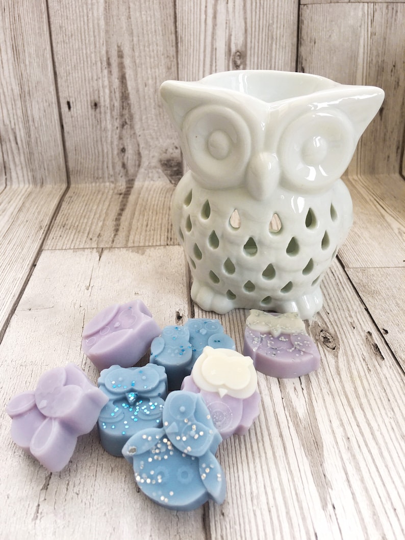 May include: A white ceramic owl wax burner with a decorative cut-out design.  The burner is surrounded by seven small owl-shaped wax melts in shades of purple and blue with glitter accents.