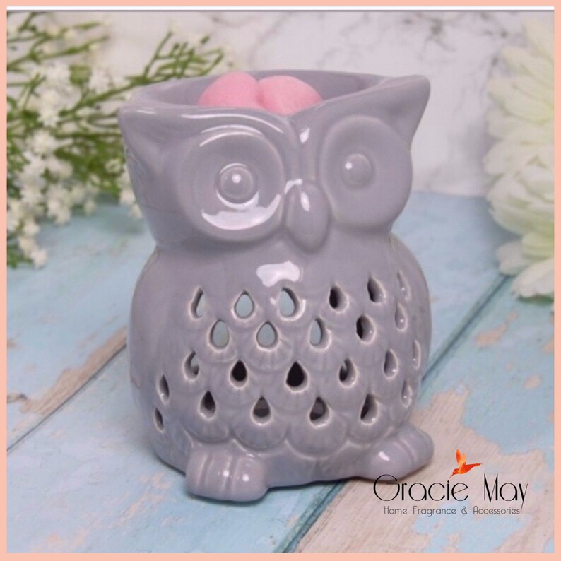 May include: Gray ceramic owl wax warmer with a decorative cut-out design. The warmer has a pink wax melt inside.