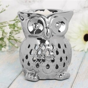 May include: Silver owl shaped ceramic wax warmer with a decorative cut-out design. The warmer has a well in the top for melting wax.