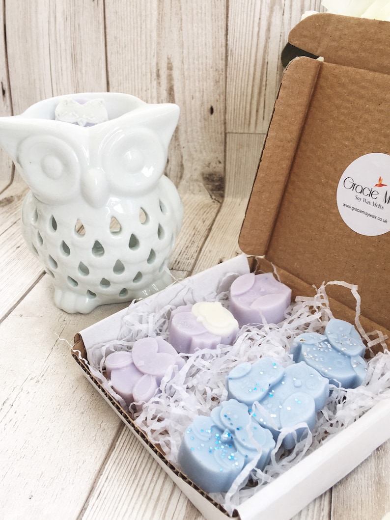 May include: A set of six wax melts in a white box with a white owl wax burner. The wax melts are in the shape of flowers and are lavender and blue with glitter. The box has a sticker that says "Gracie M Soy Wax Melts www.graciemywax.co.uk"