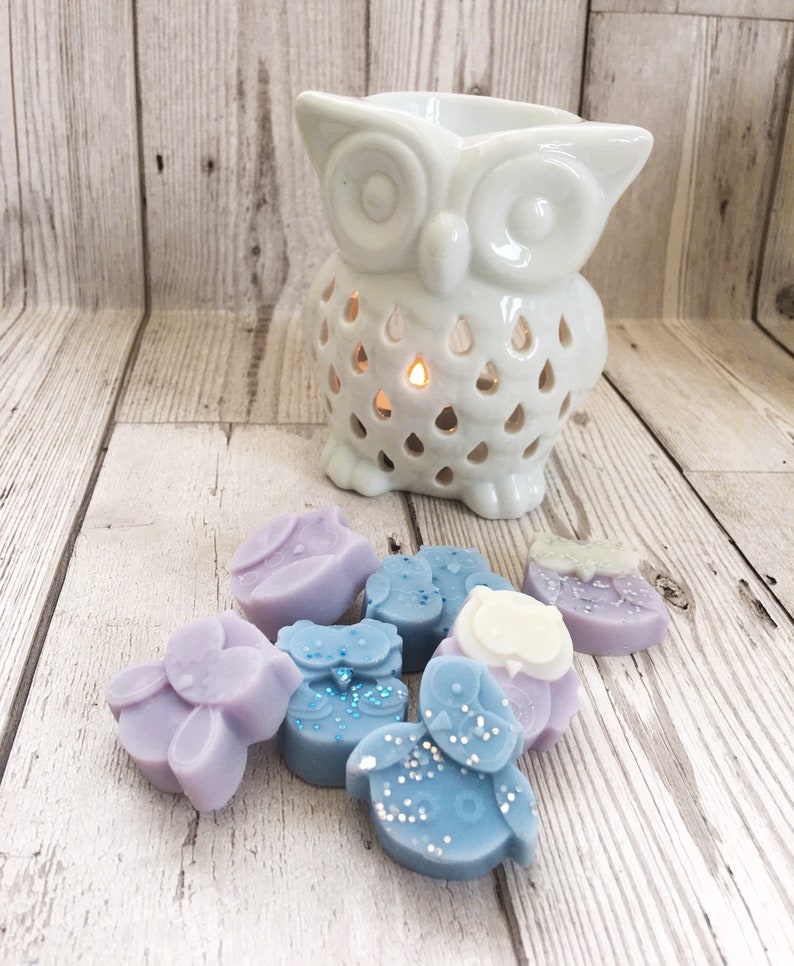 May include: A white ceramic owl wax warmer with a candle inside.  There are eight small wax melts in the shape of owls, some with glitter, in shades of purple and blue.