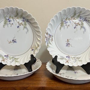 May include: A set of four white ceramic plates featuring a scalloped, fluted rim and a delicate painted design of blue flowers and green foliage. Two plates are displayed upright on black stands, while two plates are positioned flat underneath.