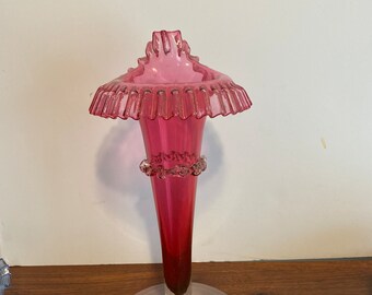 Antique Cranberry Glass Vase 10.5” Crimped Tulip Form Boston Sandwich ? Mint!