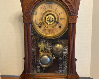 Wm. L Gilbert Clock Co Mantle Parlor Walnut Clock ERSA model chimes, alarm everything Works