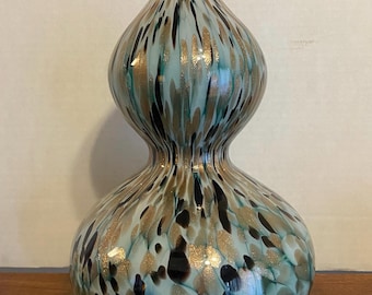 Murano Glass 12.5&quot; Hand Blown Gourd Shaped Vase Black Gold white over Aquamarine Polished Pontil