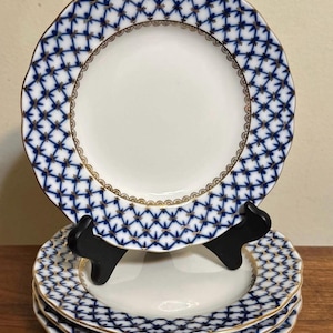 Set of 4 Lomonosov Russian Porcelain COBALT NET 7” Bread Plates mint Original Packaging