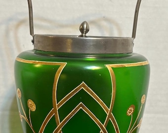 Pot à Biscuits Bohème Antique en Verre Satiné Vert, Art Nouveau Jugendstil, Gravure Or
