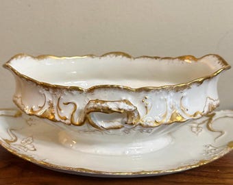 Antique Theodore Haviland Limoges 10” Gravy/ Sauce Boat Gold Gilt Schleiger 133