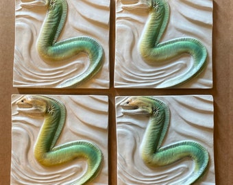 1 Vintage Natalie Surving Studios bas relief Art Pottery Tile  6” by 6” Sea Snakes New Old Stock 4 available