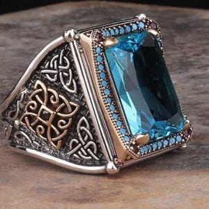 Anillo de piedra de aguamarina de plata, anillo de aguamarina azul para hombre, anillo de hombre hecho a mano, anillo de plata vintage para hombre, regalo del día del padre, regalo para hombre, plata de 925 k
