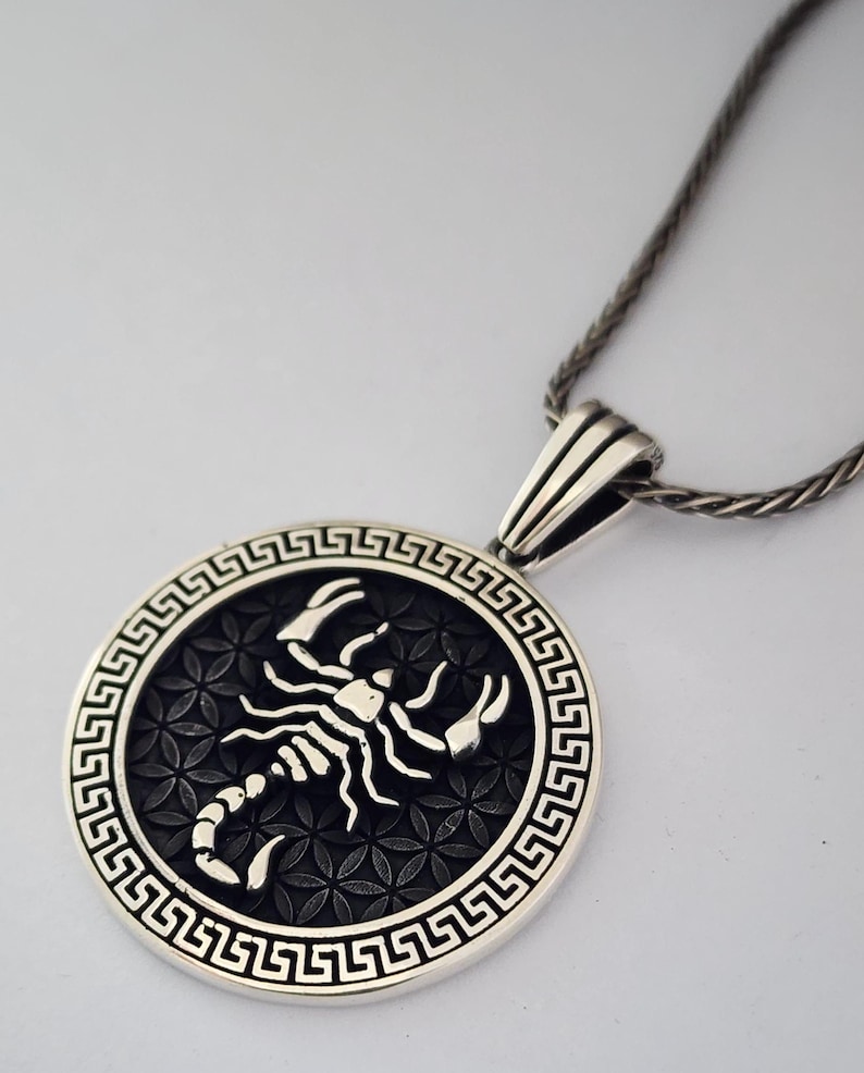 May include: A silver pendant necklace with a scorpion design. The circular pendant has a black background with a floral pattern and a Greek key border. The scorpion is in silver. The chain is also silver.