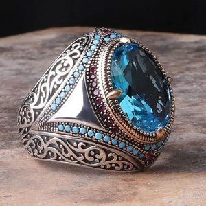 Anillo de piedra de aguamarina de plata, anillo de aguamarina azul para hombre, anillo de hombre hecho a mano, anillo de plata vintage para hombre, regalo del día del padre, regalo para hombre, plata de 925 k