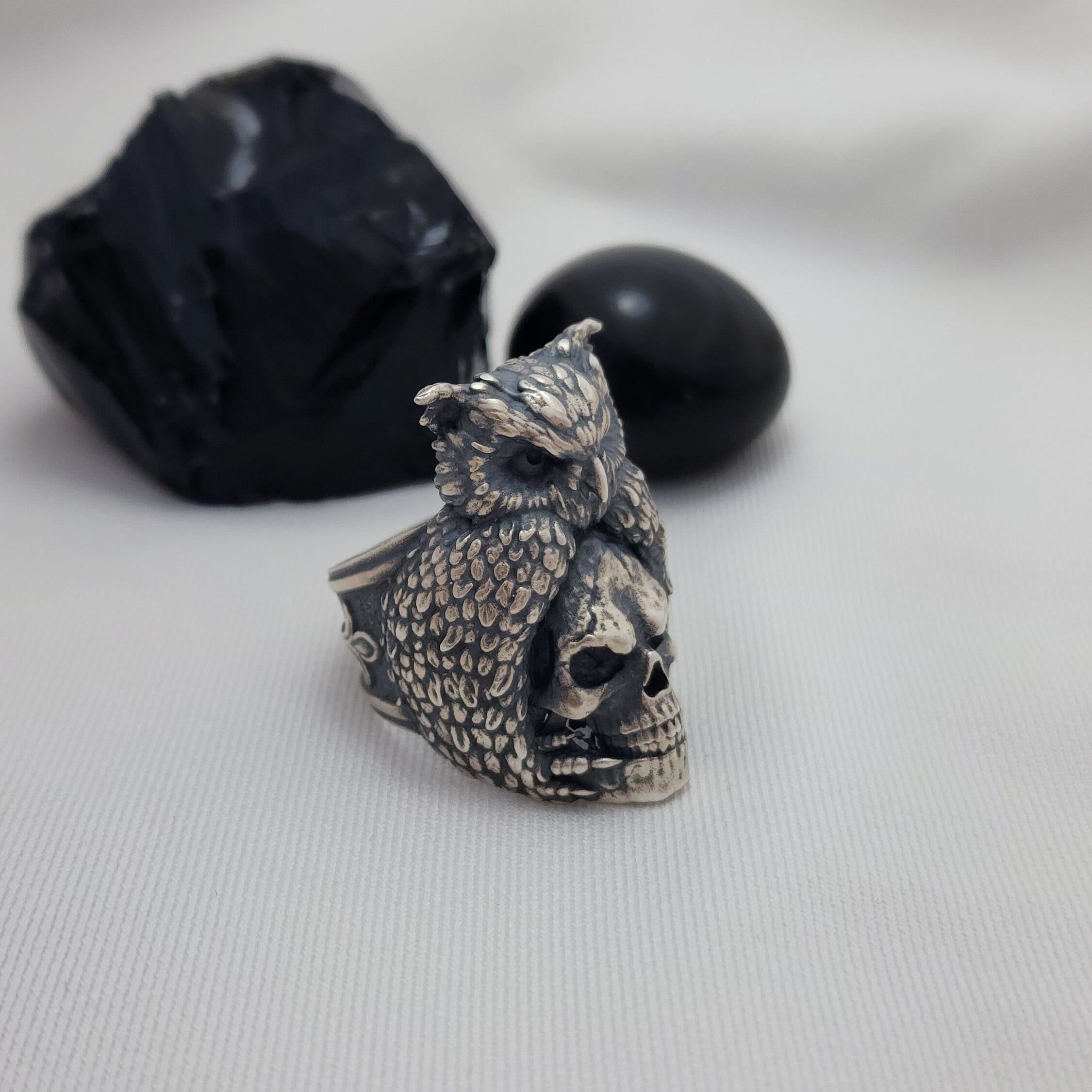 Handmade Sterling Silver Owl Skull Ring: Boho Animal Jewelry