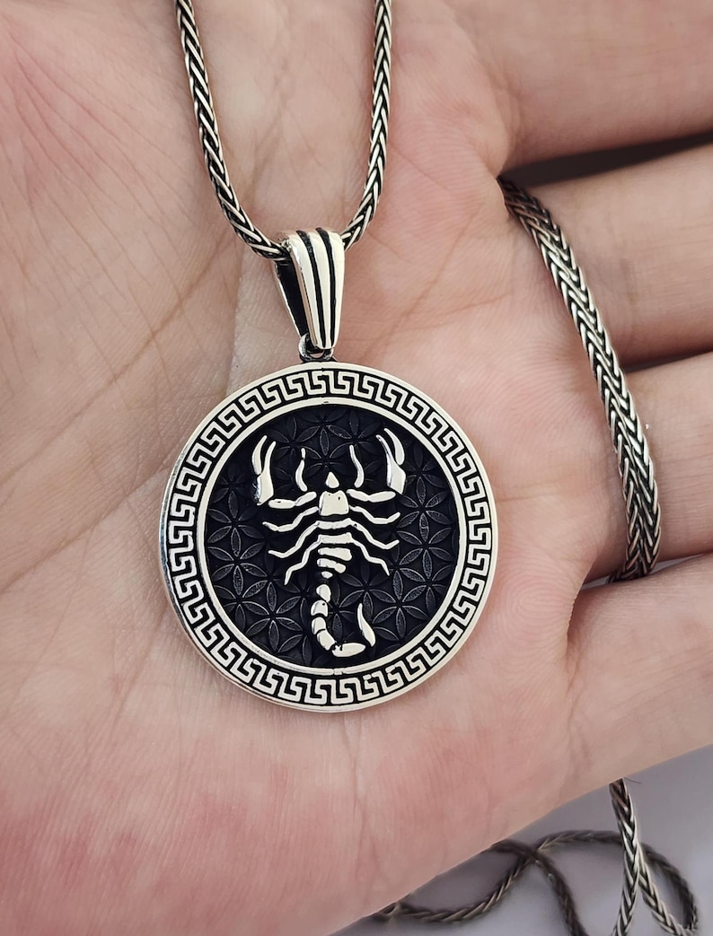 May include: A silver pendant necklace with a detailed scorpion design within a circular frame. The pendant has a black background with a floral pattern and a Greek key border. The chain is a woven style.