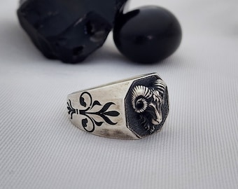 Sterling Silver Ram Rings, Animal Rings For Men, Aries Ram Ring, Zodiac Jewelry,Horoscope Power,Feur de lis Engraved Motif