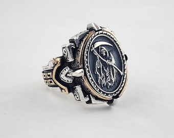 Sensenmann Siegelring für Männer, Oxidierter gotischer Skelettring in Silber, Engel des Todes Schmuck für den Freund