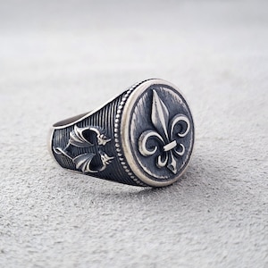 Bague homme fleur de lys gravée en argent oxydé 925, bague renaissance France pour petit ami, bague double tête sculptée pour homme, bague rose