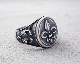 925 Oxidized Silver Engraved Fleur de Lis Men Ring,France Reinassance Ring For Boyfriend,Carved Double Head Ring For Men,Pinky Ring