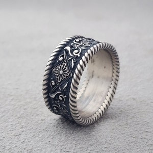 Flower and Leaves Handmade Graved Sterling Silver Men Band Ring, Nature Ring, Dainty Ring, Engagement Ring, Anniversary Ring