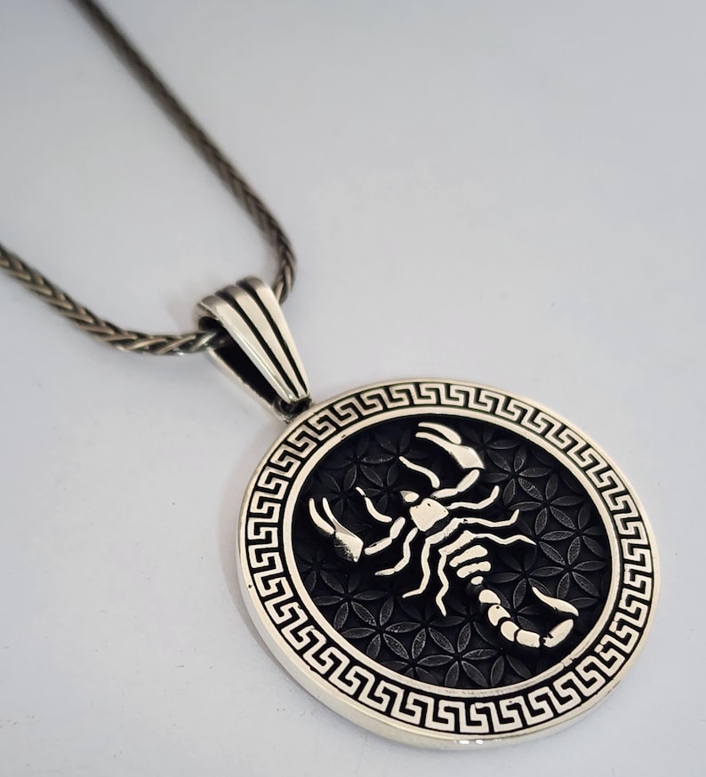 May include: A silver pendant necklace with a circular pendant. The pendant features a detailed scorpion design on a black background with a floral pattern and a Greek key border. The chain is silver.