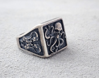 925 emblema de plata oxidada y anillo de hombres de pulpo con cabeza de calavera, anillo fresco serpiente de dos cabezas para novio, anillo de animal tallado para hombres, anillo meñique