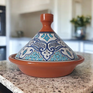 Hand Painted Large Tagine Pot  | Lead Free | Blue and White | Clay Ceramic Glazed Moroccan Tunisian Berber Traditional Cookware Tableware