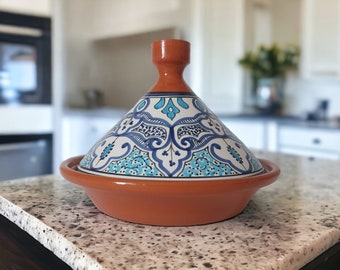 Hand Painted Large Tagine Pot  | Lead Free | Blue and White | Clay Ceramic Glazed Moroccan Tunisian Berber Traditional Cookware Tableware