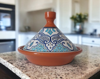 Handbemalter großer Tajine Topf | Bleifrei | Blau und Weiß | Tonkeramik glasiert marokkanisch tunesisch Berber Traditionelles Kochgeschirr Geschirr