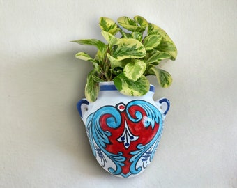 pottery wall hanging planter, a unique and colorful hand painted pot, a best choice for a unique gift