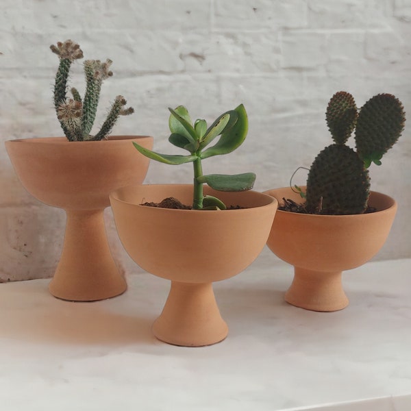 Terracotta Cactus or succulent desk planter, A Set of two or three Ceramic Planters with drainage hole, Boho Window Garden Decor