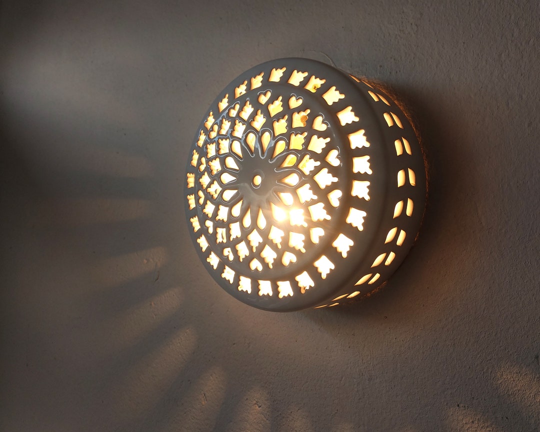 Round White Wall Light, Large Wall Sconce Fixture, Clay Wall Lamp