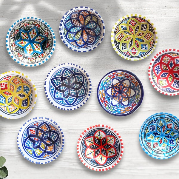 Set of 3 Small Hand Painted Moroccan Tunisian Snack / Dip Bowls  | Food Safe | Colourful Patterned Ceramic Boho Berber Traditional Tableware