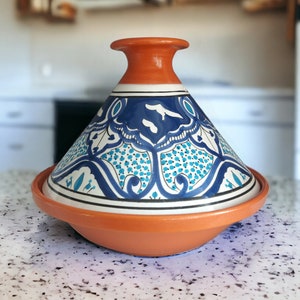 Hand Painted Medium Tagine Pot  | Food Safe Blue White | Clay Ceramic Glazed Moroccan Tunisian Berber Traditional Cookware Tableware