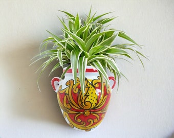 Red and Gold Ceramic wall mounted pot, unique vibrant hand painted wall art piece, an excellent gift for any occasion !