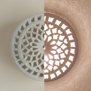 Round White Wall Light, large Wall Sconce Fixture, clay Wall Lamp, Terracotta Sconce Light, outdoor lighting cover, cut out ceramic sconce