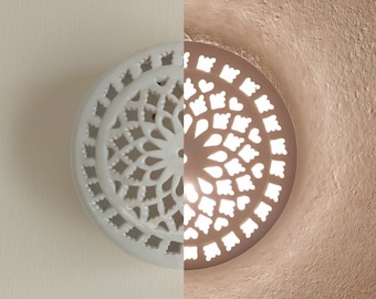 Runde weiße Wandleuchte, große Wandleuchte, Wandlampe aus Ton, Terrakotta-Wandleuchte, Außenbeleuchtungsabdeckung, ausgeschnittene Keramik-Wandleuchte