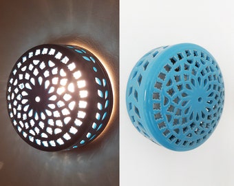Blue Wall Light Large Cover | Decorative sconce | Moroccan Circle Cut Out Terracotta Ceramic | Indoor Outdoor Bedroom Sconce
