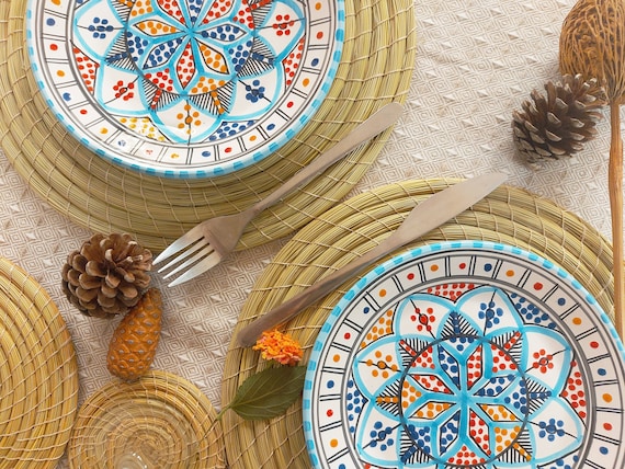 Set di piatti laterali colorati dipinti a mano realizzati in Tunisia / Set  di due piatti decorativi / Arredamento tradizionale marocchino / Set di  piatti Boho fatti a mano -  Italia