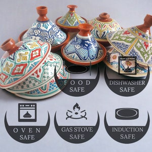 May include: A collection of ceramic tagines with conical lids featuring intricate multi-colored geometric and floral patterns. Icons indicate the cookware is food safe, dishwasher safe, oven safe, gas stove safe, and induction safe.