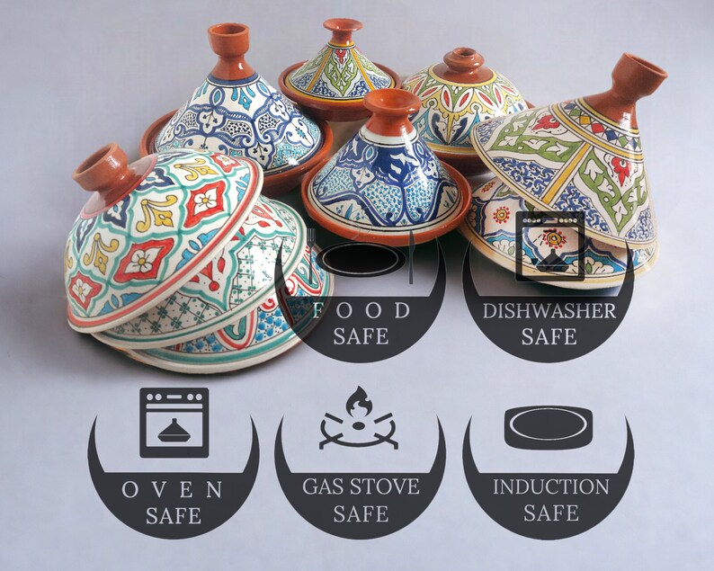 May include: A collection of ceramic tagines with conical lids featuring intricate multi-colored geometric and floral patterns. Icons indicate the cookware is food safe, dishwasher safe, oven safe, gas stove safe, and induction safe.