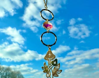 Celestial Mushroom Car Sun Catcher • Gold-Plated Rearview Mirror Charm
