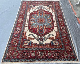 Medallion Hand knotted  Serapi Rug Afghan Veg Dyes Wool Blue & Red Area Rug - Bedroom Rug - Rugs for Living room - Oriental Rug, 5'11x9 ft