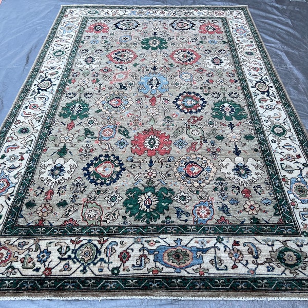 6 x 9 tapis Bidjar vert ivoire/gris, tapis afghan noué à la main, laine couleurs naturelles, tapis de salon, tapis de table à manger, tapis de chambre 5'11 x 9'2''