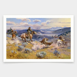 May include: A painting depicting a group of cowboys on horseback chasing a bear in a dusty, open landscape. The cowboys are wearing traditional western attire and are using ropes to try to capture the bear. The scene is set against a backdrop of mountains and a blue sky with fluffy clouds.