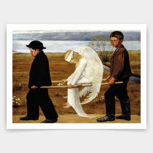 May include: A painting depicting two boys carrying a blindfolded angel on a stretcher. The angel is wearing a white robe and has large white wings. The boys are dressed in dark clothing and are walking on a path in a field.