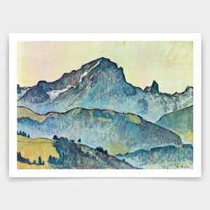May include: A painting depicting a mountain range in a blue and green colour scheme. The mountains are depicted in a stylised, abstract manner, with the peaks and valleys rendered in broad strokes. The sky is a pale yellow, and the foreground is a dark green.
