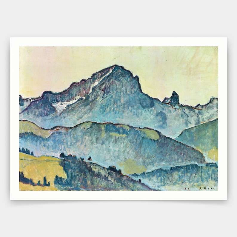 May include: A painting depicting a mountain range in a blue and green colour scheme. The mountains are depicted in a stylised, abstract manner, with the peaks and valleys rendered in broad strokes. The sky is a pale yellow, and the foreground is a dark green.